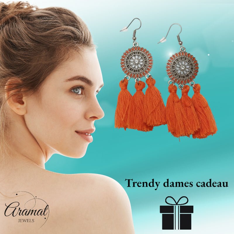 Zomerse Boho Oorhangers Kwastjes Oranje 75mm - Aramat Jewels - Oorbellen - cadeautip