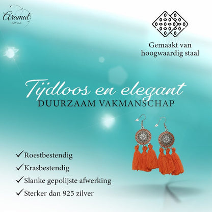 Zomerse Boho Oorhangers Kwastjes Oranje 75mm - Aramat Jewels - Oorbellen - cadeautip