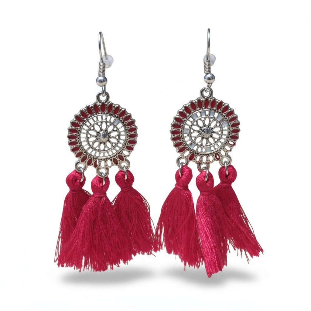 Festival oorhangers rood met kwastjes, boho stijl, 75x21mm, krachtige zomerse oorbellen met emaille