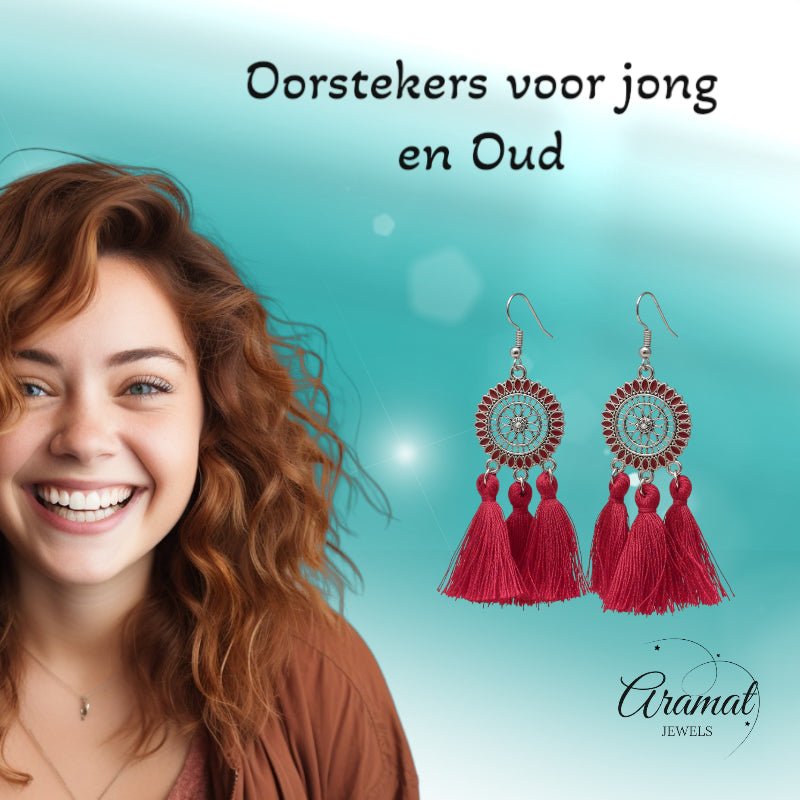 Festival oorhangers rood met kwastjes, boho stijl, 75x21mm, krachtige zomerse oorbellen met emaille - vrouw