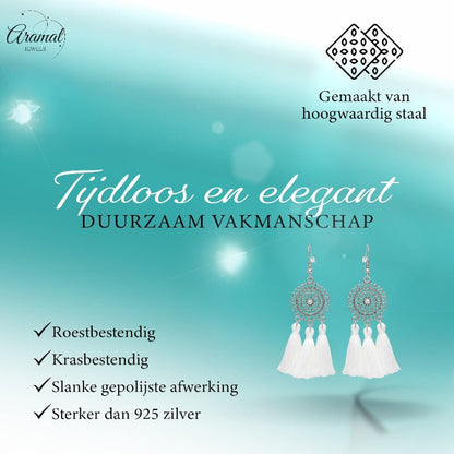 Zomerse Boho Oorhangers Kwastjes Wit 75mm - Aramat Jewels - Oorbellen - cadeautip