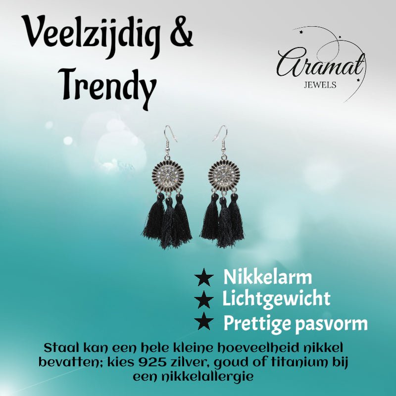 Zomerse Boho Oorhangers Kwastjes Zwart 75mm - Aramat Jewels - Oorbellen - cadeautip