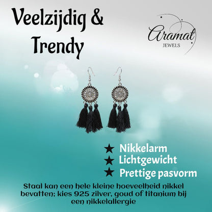 Zomerse Boho Oorhangers Kwastjes Zwart 75mm - Aramat Jewels - Oorbellen - cadeautip
