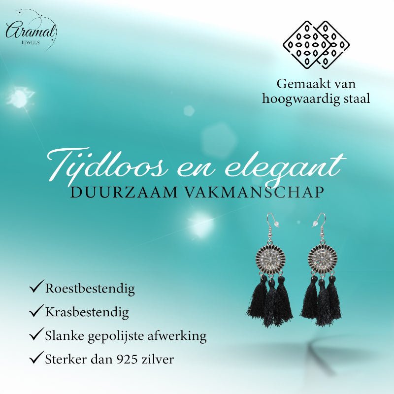 Zomerse Boho Oorhangers Kwastjes Zwart 75mm - Aramat Jewels - Oorbellen - cadeautip