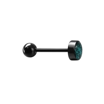 Aramat Jewels black bioplast tongue piercing with green glitter detail. 16mm bar, 1.6mm thick.