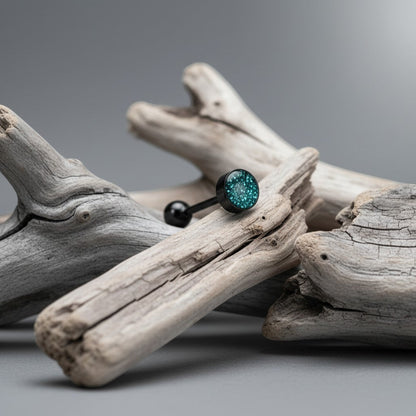 Aramat Jewels black bioplast tongue piercing with a glittery teal top and black ball end.