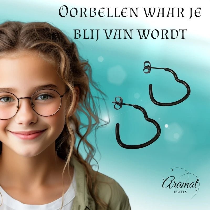 Zwarte Hartvormige Hoepel Oorstekers 20mm - oor5985 - Oorringen kopen