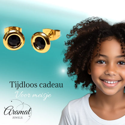 Zwarte Kristal Oorbellen goudkleur - 8mm - Aramat Jewels - Oorbellen - cadeautip