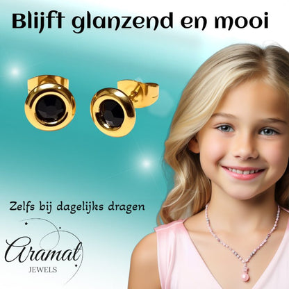 Zwarte Kristal Oorbellen goudkleur - 8mm - Aramat Jewels - Oorbellen - cadeautip
