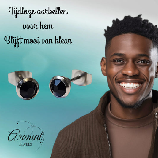 Oorbellen – Staal Zwarte Kristal Zilverkleurig (6mm)