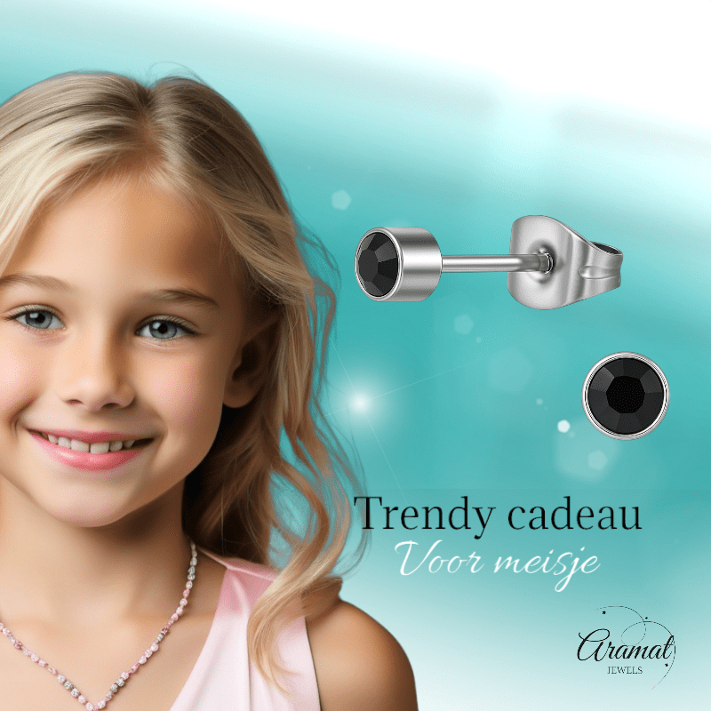Zwarte kristal oorstekers – 4mm zilver RVS - Aramat Jewels - Oorbellen - cadeautip