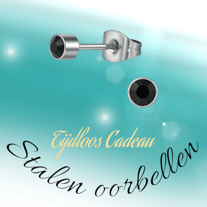 Zwarte kristal oorstekers – 4mm zilver RVS - Aramat Jewels - Oorbellen - cadeautip