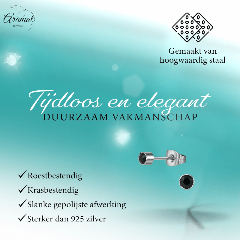 Zwarte kristal oorstekers – 4mm zilver RVS - Aramat Jewels - Oorbellen - cadeautip