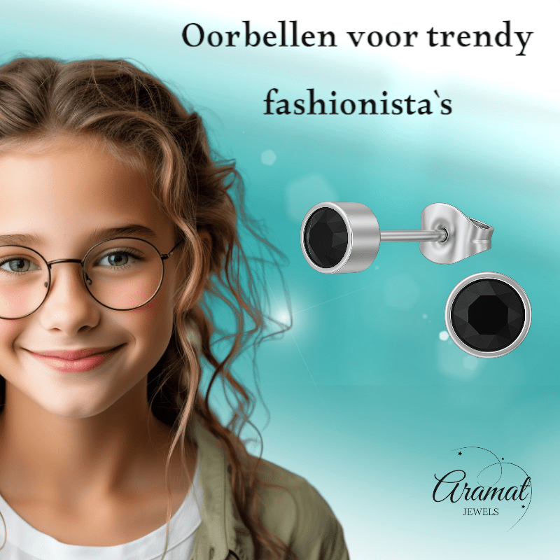 Zwarte kristal oorstekers – 5mm zilver RVS - Aramat Jewels - Oorbellen - cadeautip