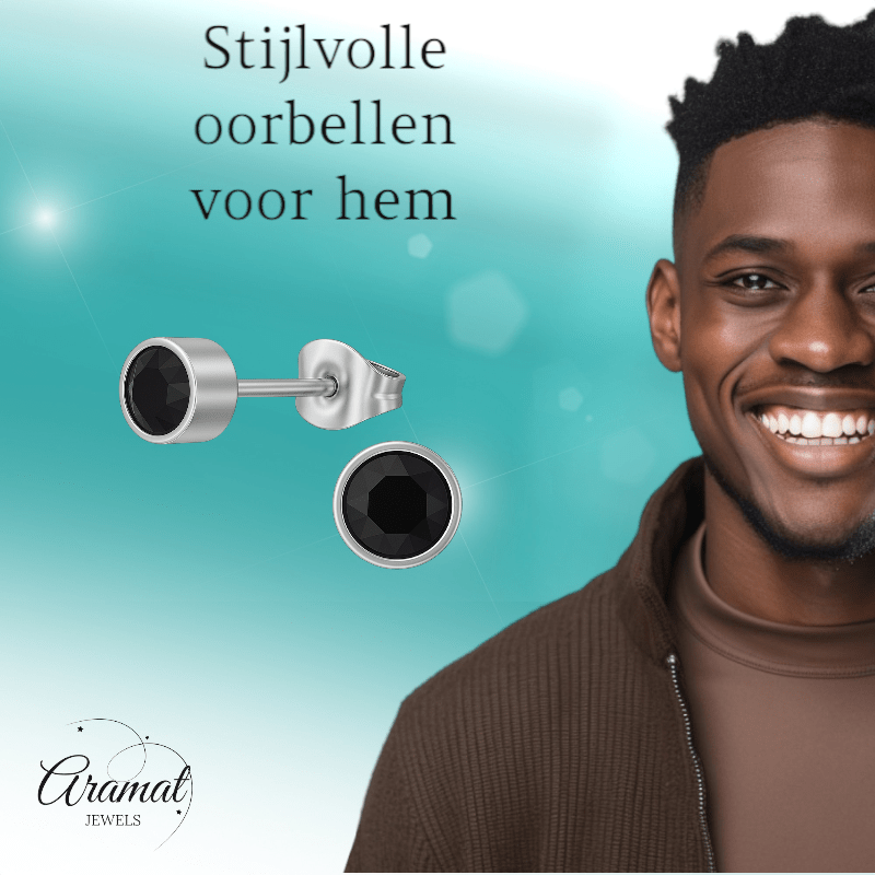 Zwarte kristal oorstekers – 5mm zilver RVS - Aramat Jewels - Oorbellen - cadeautip