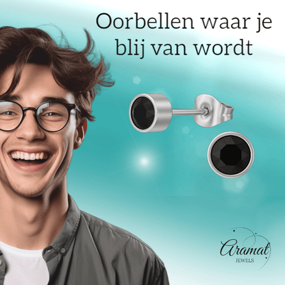 Zwarte kristal oorstekers – 5mm zilver RVS - Aramat Jewels - Oorbellen - cadeautip