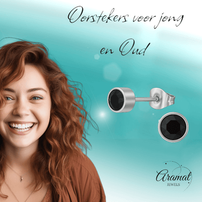 Zwarte kristal oorstekers – 5mm zilver RVS - Aramat Jewels - Oorbellen - cadeautip