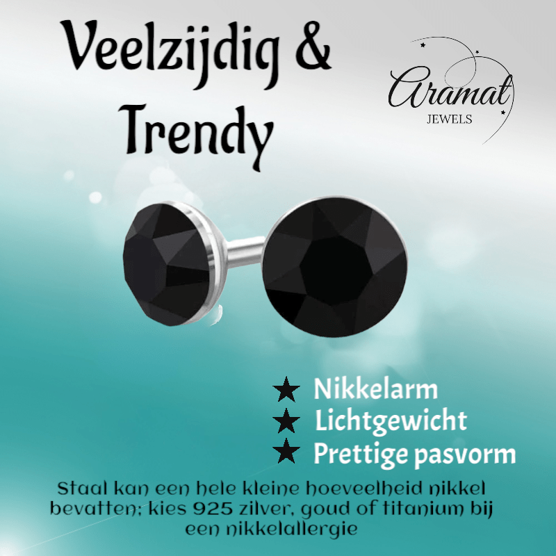 Zwarte Kristallen Mini Oorbellen – 3mm – RVS - Aramat Jewels - Oorbellen - cadeautip