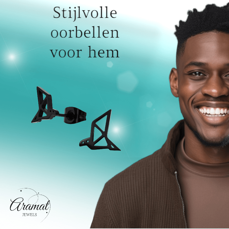 Zwarte Oorbellen Vogel Origami 9mm RVS - Aramat Jewels - Oorbellen - cadeautip