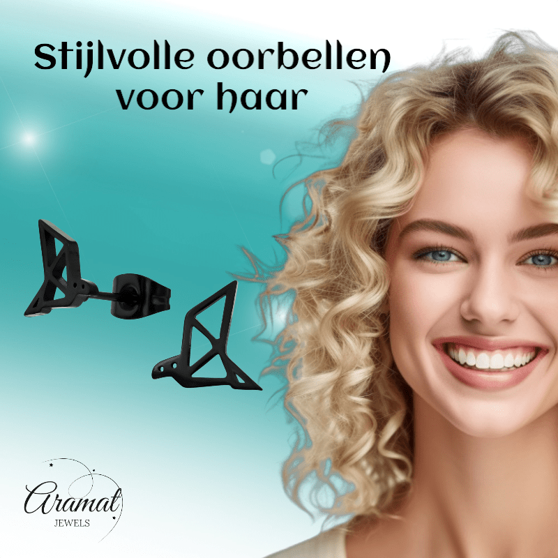 Zwarte Oorbellen Vogel Origami 9mm RVS - Aramat Jewels - Oorbellen - cadeautip