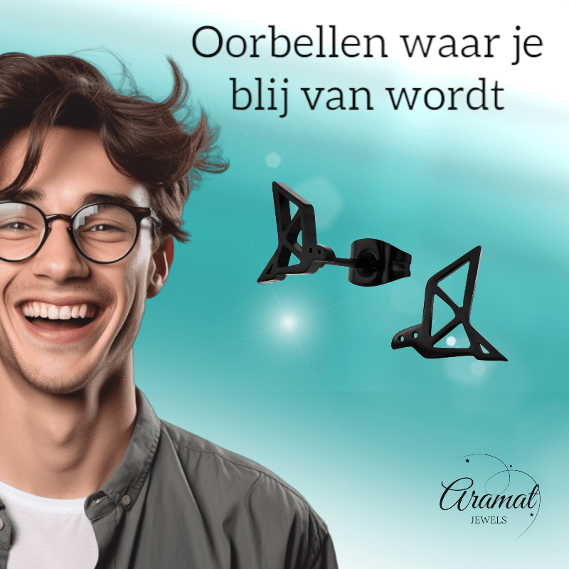 Zwarte Oorbellen Vogel Origami 9mm RVS - Aramat Jewels - Oorbellen - cadeautip