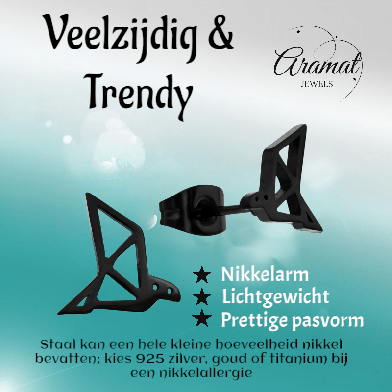 Zwarte Oorbellen Vogel Origami 9mm RVS - Aramat Jewels - Oorbellen - cadeautip