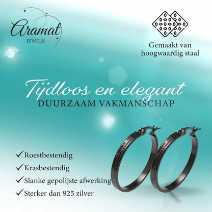 Zwarte RVS Oorringen met Grieks Motief - 25 mm - Aramat Jewels - Oorringen - cadeautip