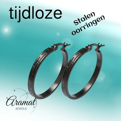 Zwarte RVS Oorringen met Grieks Motief - 25 mm - Aramat Jewels - Oorringen - cadeautip