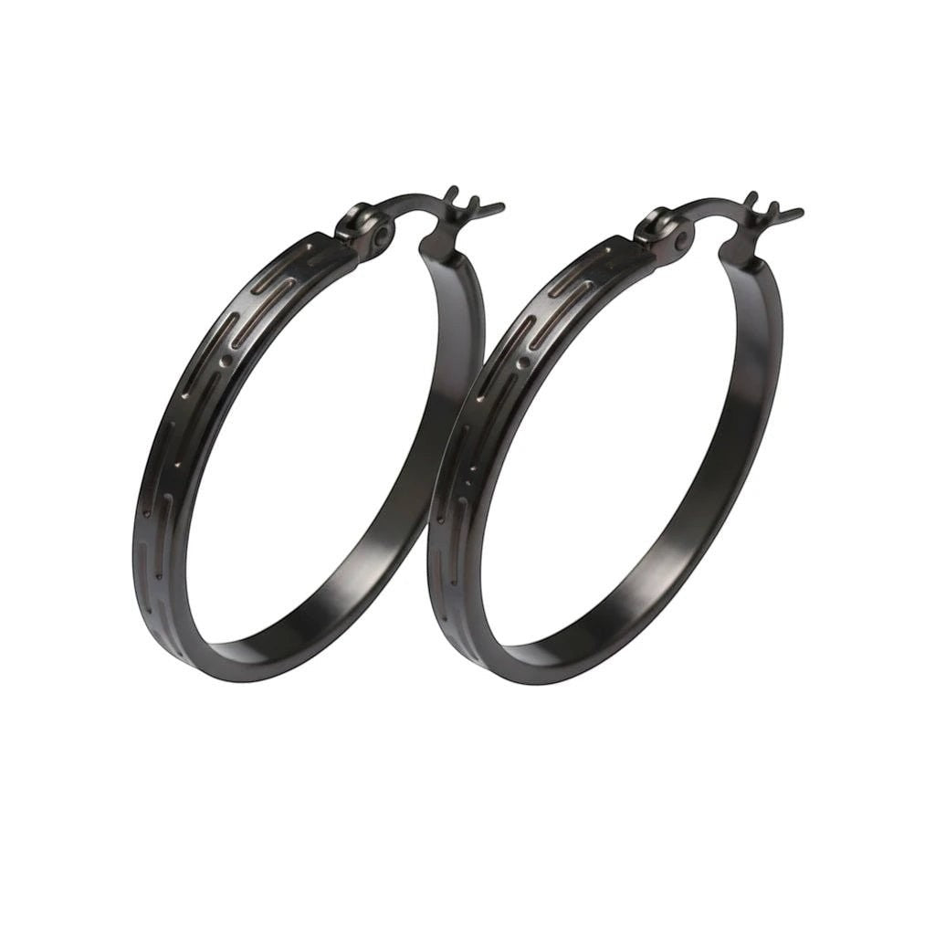 Zwarte RVS Oorringen met Grieks Motief - 25 mm - Aramat Jewels - Oorringen - cadeautip