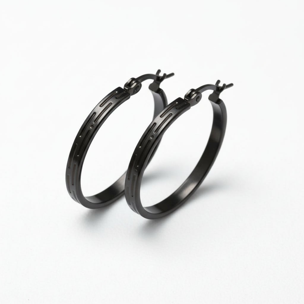 Zwarte RVS Oorringen met Grieks Motief - 25 mm - Aramat Jewels - Oorringen - cadeautip