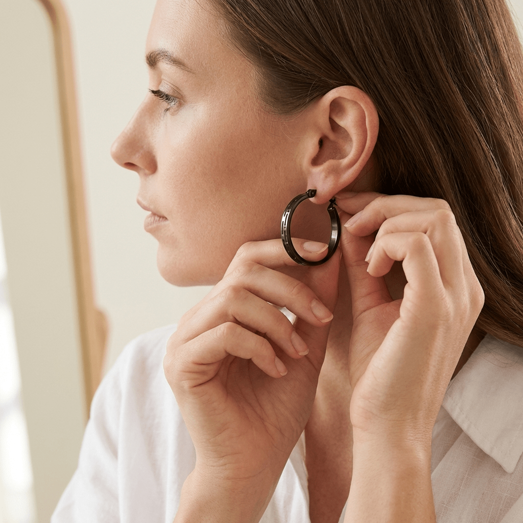 Zwarte RVS Oorringen met Grieks Motief - 25 mm - Aramat Jewels - Oorringen - cadeautip