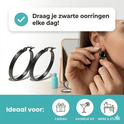 Zwarte RVS Oorringen met Streepjes Motief - 30 mm - Aramat Jewels - Oorringen - cadeautip