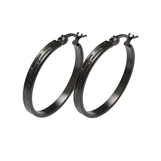 Zwarte RVS Oorringen met Streepjes Motief - 30 mm - Aramat Jewels - Oorringen - cadeautip