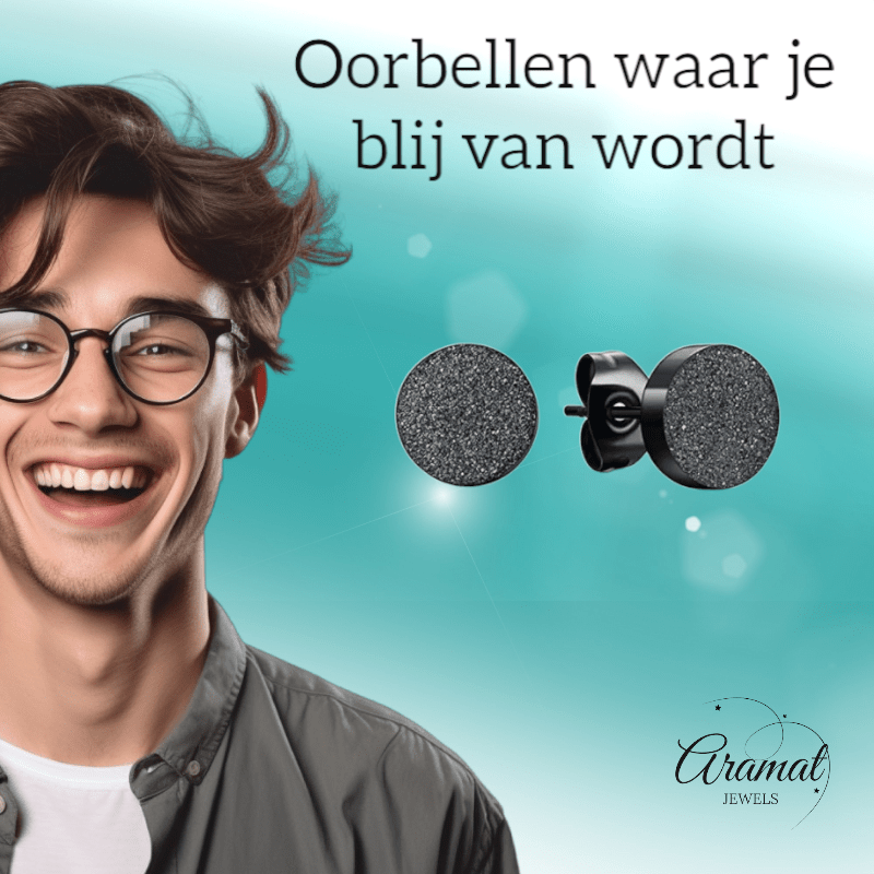 Zwarte RVS Oorstekers Mat 7mm Sandblasted - Aramat Jewels - Oorbellen - cadeautip