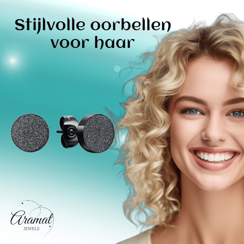 Zwarte RVS Oorstekers Sandblasted 6mm - Aramat Jewels - Oorbellen - cadeautip