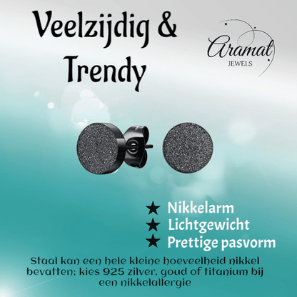 Zwarte RVS Oorstekers Sandblasted 6mm - Aramat Jewels - Oorbellen - cadeautip