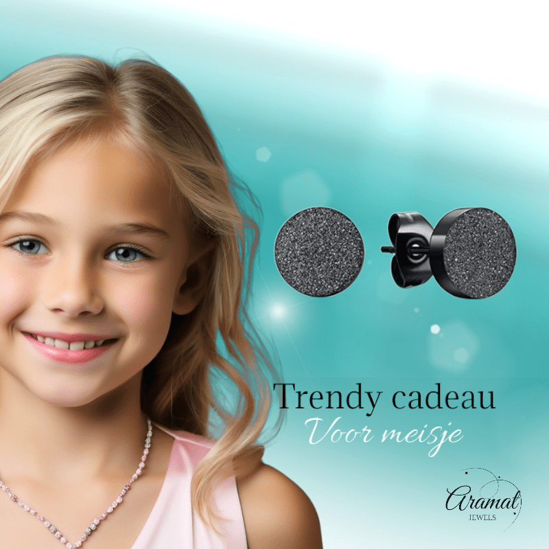 Zwarte RVS Oorstekers Sandblasted 6mm - Aramat Jewels - Oorbellen - cadeautip