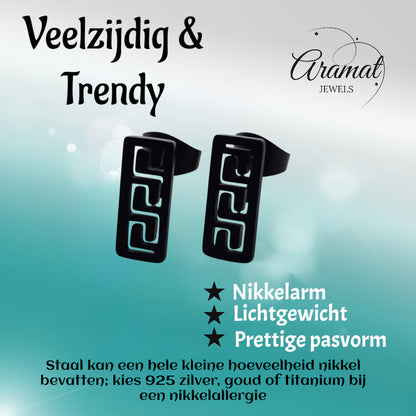 Oorbellen – Staal Bar Zwart Grieks Motief (11x5mm)