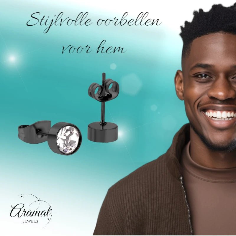 Zwarte Stalen Oorbellen met Kristal | 6mm - oor3751 - Oorbellen kopen# - 6mm - alles