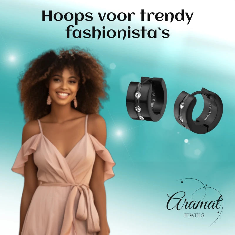 Boucles d'oreilles – Huggies en acier et zircon noir (13 mm)