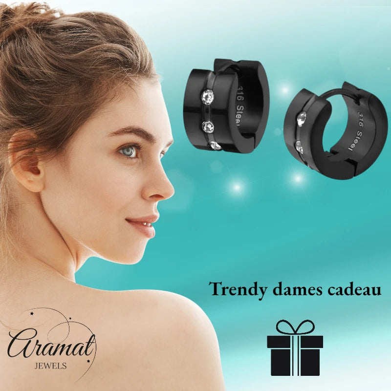 Boucles d'oreilles – Huggies en acier et zircon noir (13 mm)