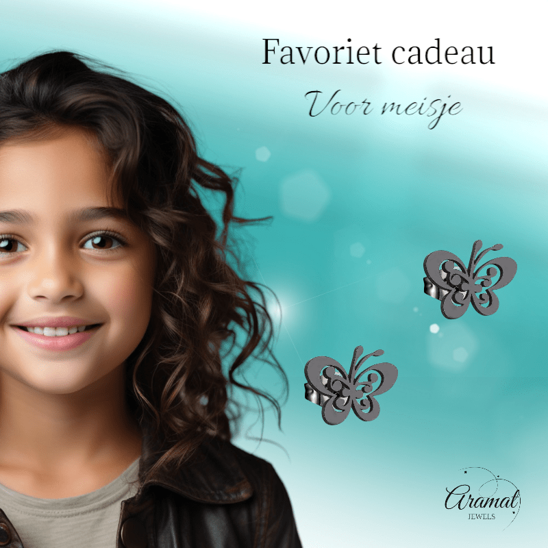 Zwarte vlinder oorstekers staal – 8x10mm open vleugel - Aramat Jewels - Oorbellen - cadeautip