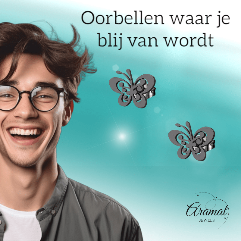 Zwarte vlinder oorstekers staal – 8x10mm open vleugel - Aramat Jewels - Oorbellen - cadeautip