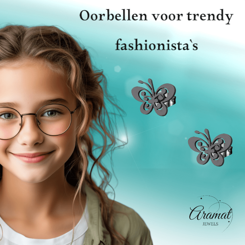 Zwarte vlinder oorstekers staal – 8x10mm open vleugel - Aramat Jewels - Oorbellen - cadeautip