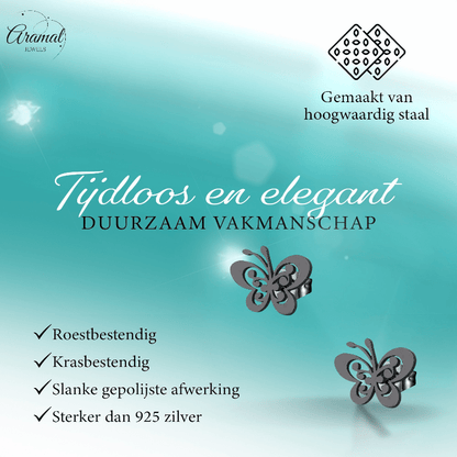 Zwarte vlinder oorstekers staal – 8x10mm open vleugel - Aramat Jewels - Oorbellen - cadeautip