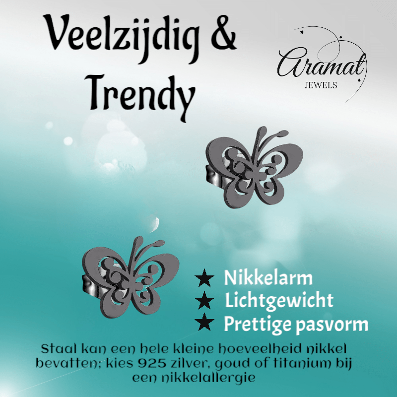 Zwarte vlinder oorstekers staal – 8x10mm open vleugel - Aramat Jewels - Oorbellen - cadeautip