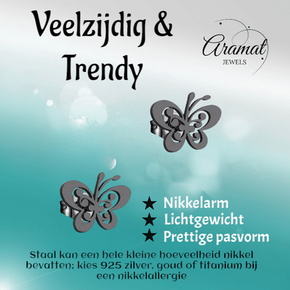 Zwarte vlinder oorstekers staal – 8x10mm open vleugel - Aramat Jewels - Oorbellen - cadeautip